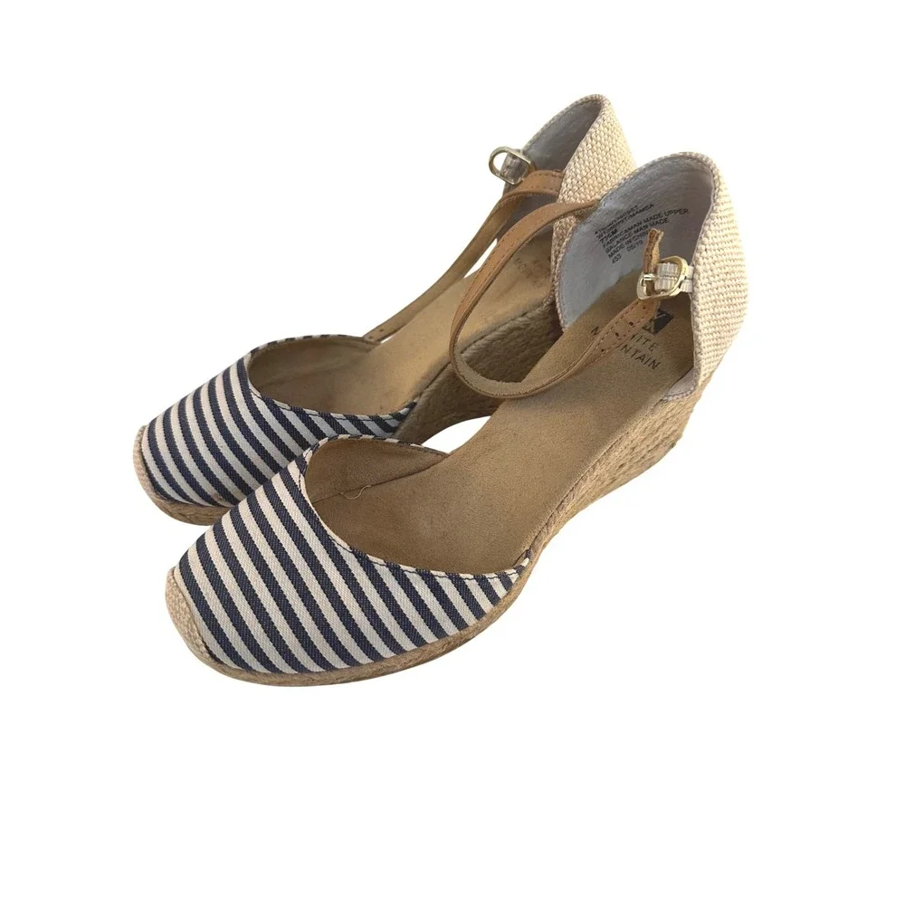 White Mountain Women's Blue Striped Espadrille Ankle Strap Wedge Sandals 7.5M